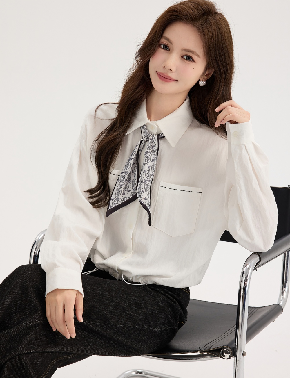 White long sleeve shirt pinched waist autumn tops