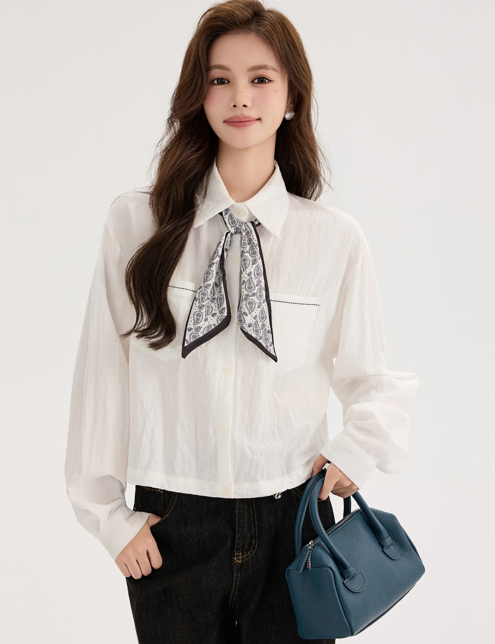 White long sleeve shirt pinched waist autumn tops