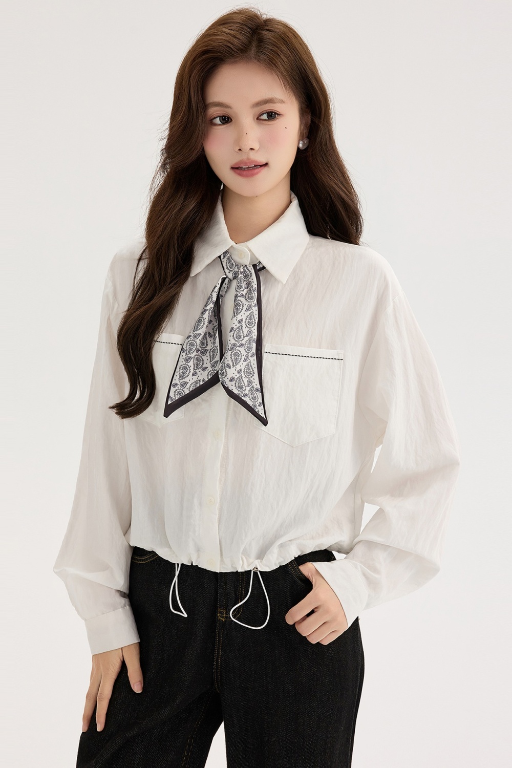 White long sleeve shirt pinched waist autumn tops
