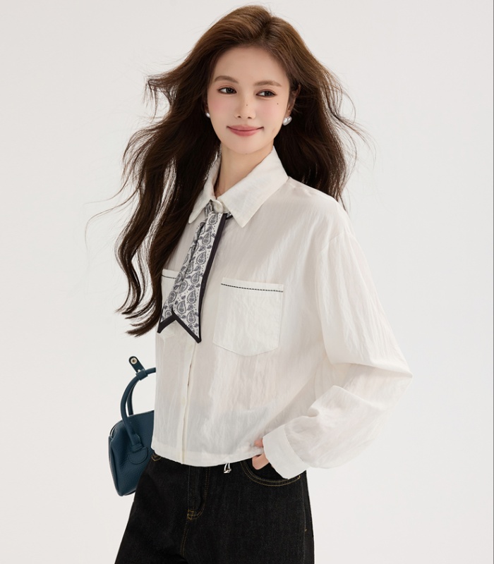 White long sleeve shirt pinched waist autumn tops