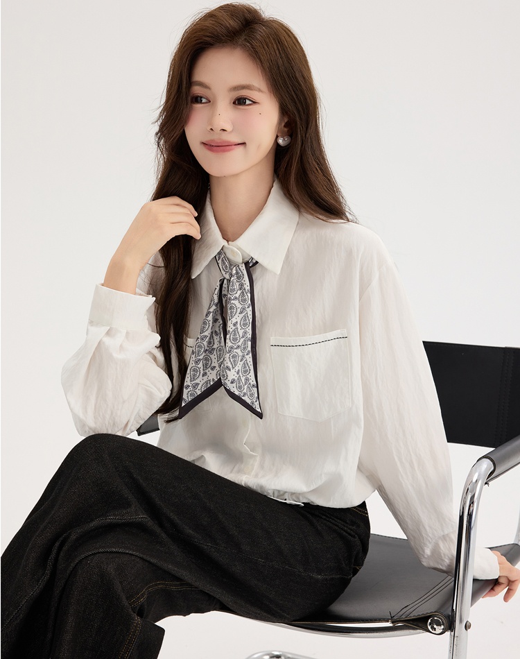White long sleeve shirt pinched waist autumn tops