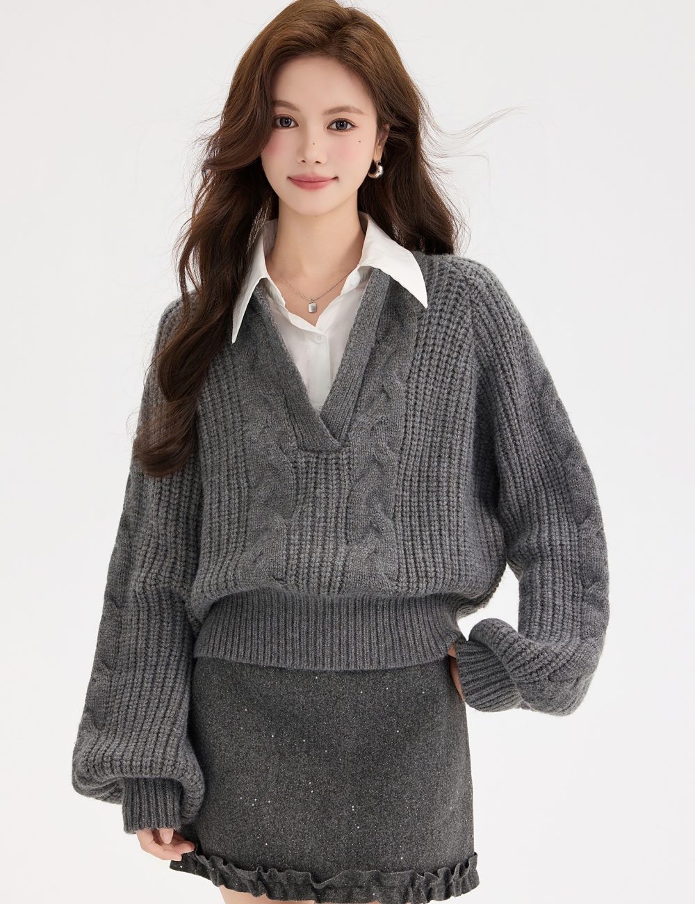 Thick college style Pseudo-two V-neck sweater for women