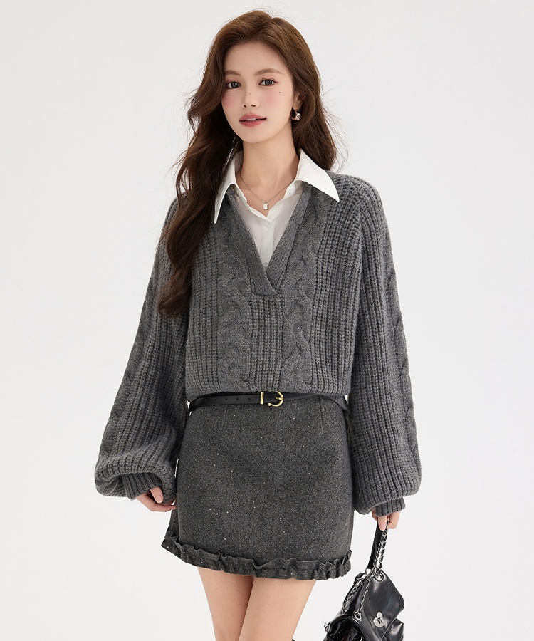 Thick college style Pseudo-two V-neck sweater for women