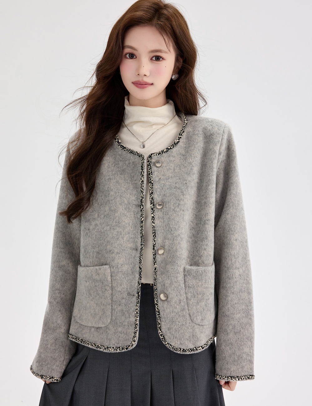 Autumn and winter gray woolen coat short tops for women