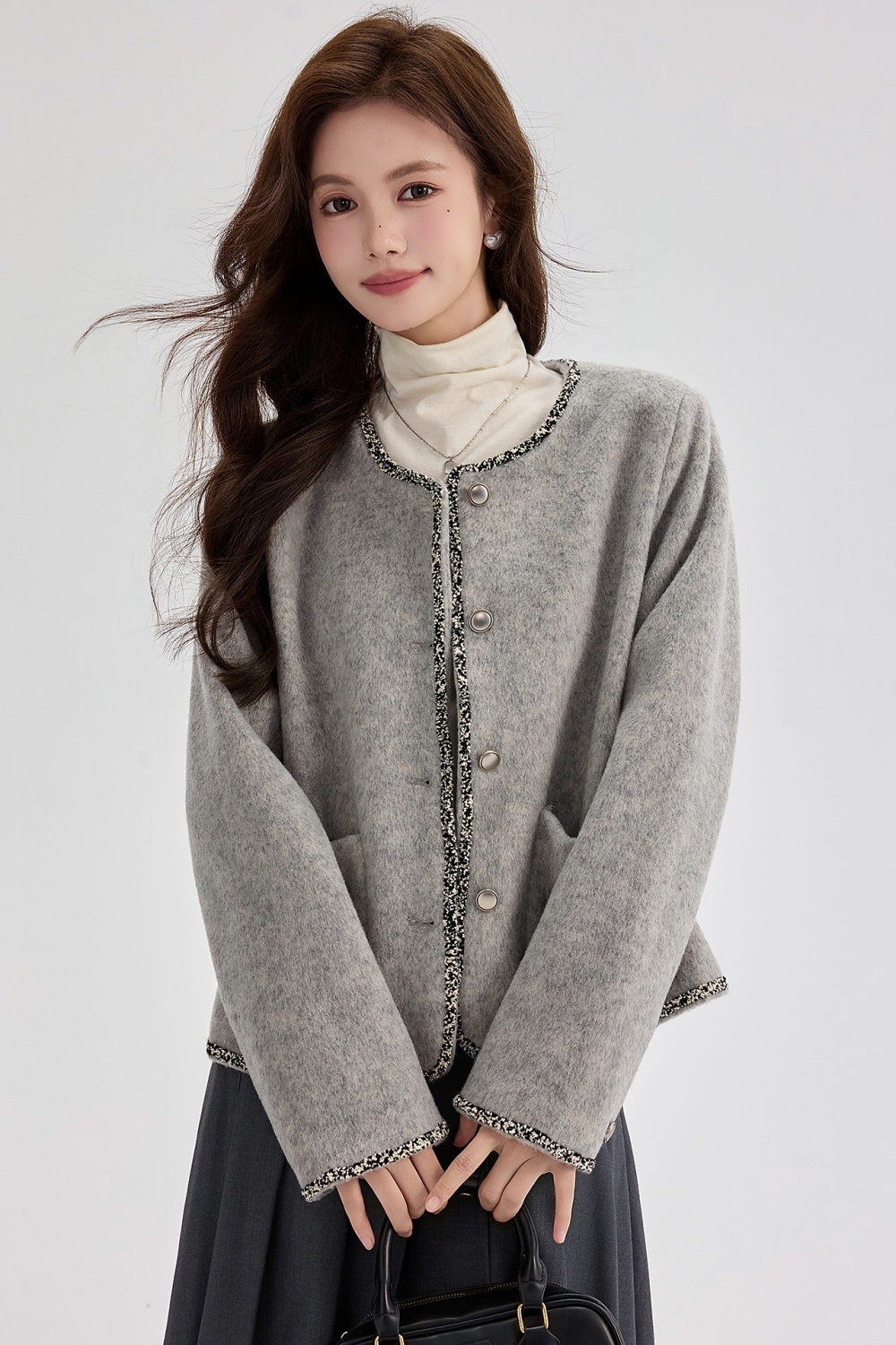 Autumn and winter gray woolen coat short tops for women