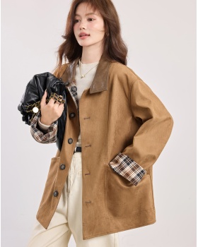 Loose fashion cstand collar tops Casual autumn plaid overcoat