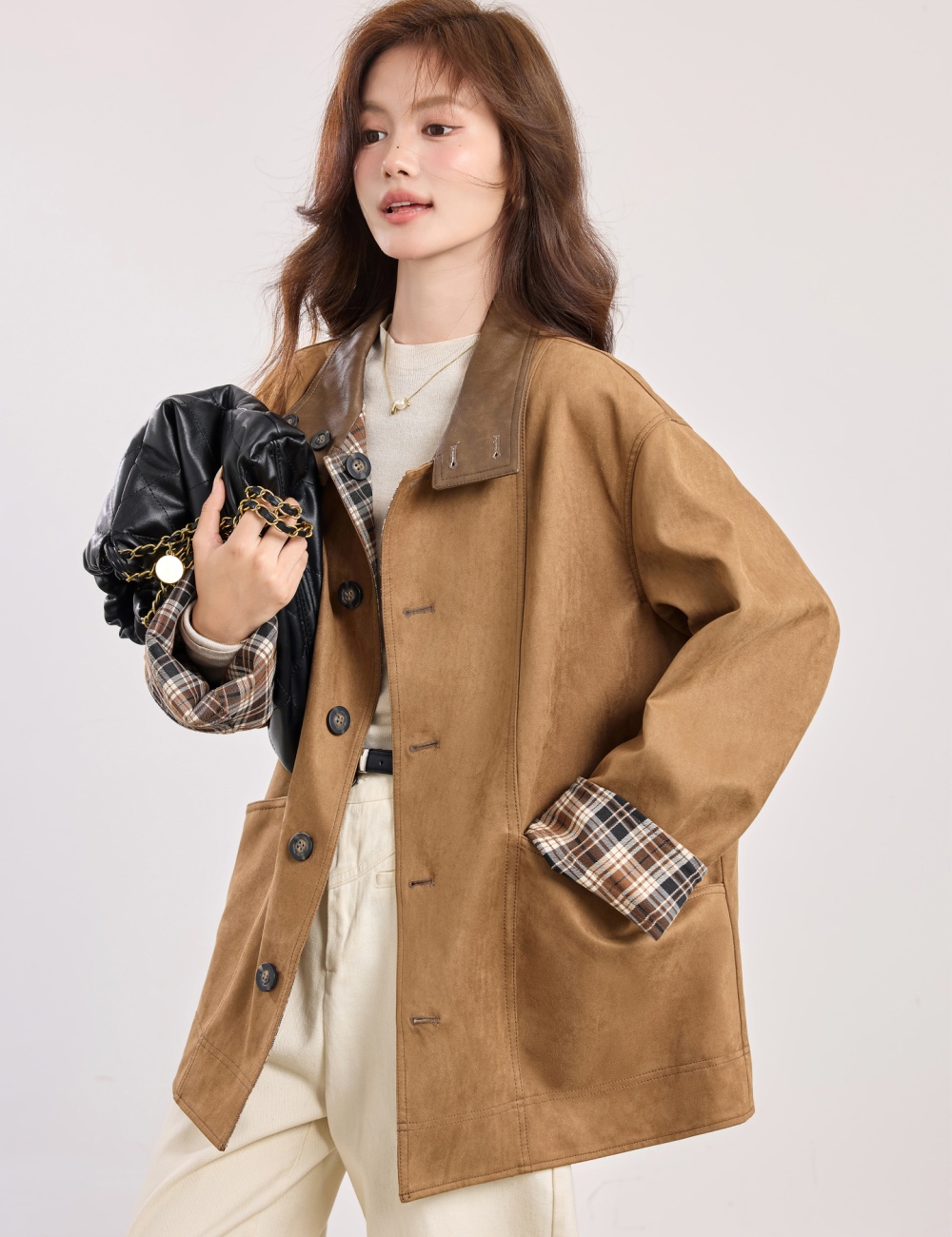 Loose fashion cstand collar tops Casual autumn plaid overcoat