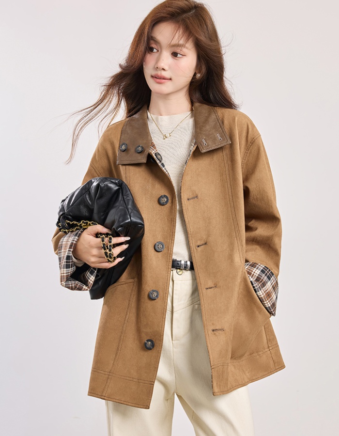 Loose fashion cstand collar tops Casual autumn plaid overcoat