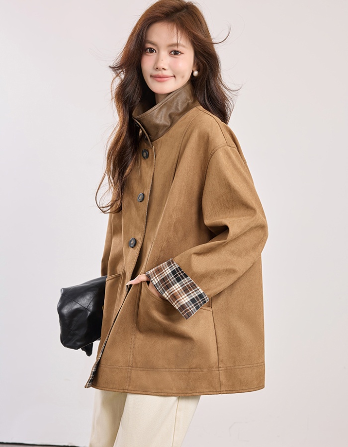 Loose fashion cstand collar tops Casual autumn plaid overcoat