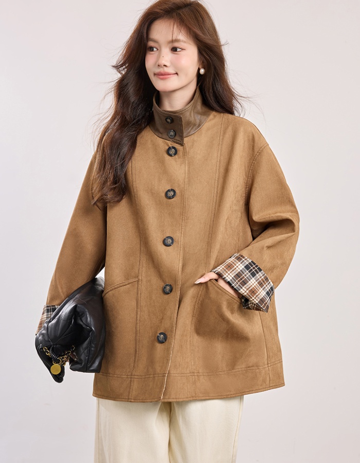 Loose fashion cstand collar tops Casual autumn plaid overcoat