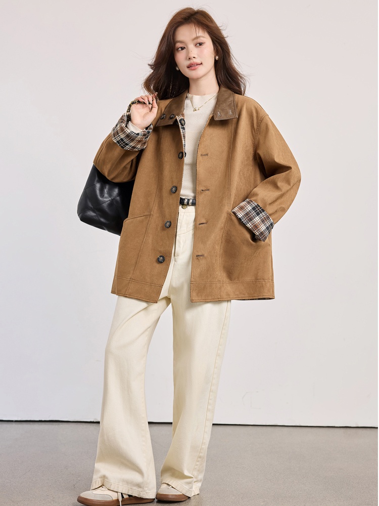 Loose fashion cstand collar tops Casual autumn plaid overcoat
