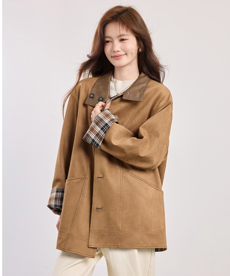 Loose fashion cstand collar tops Casual autumn plaid overcoat