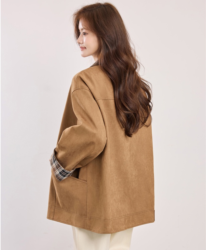 Loose fashion cstand collar tops Casual autumn plaid overcoat