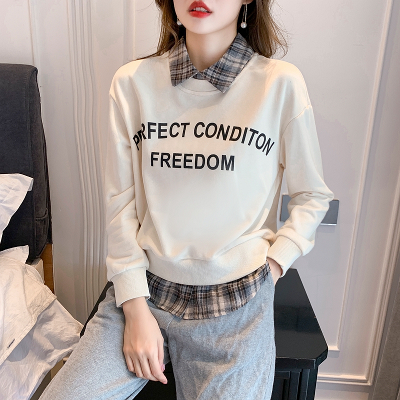 Cozy autumn splice pullover Pseudo-two hoodie for women