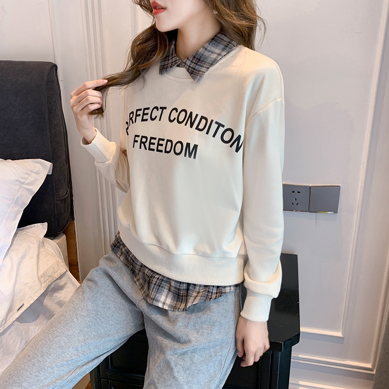 Cozy autumn splice pullover Pseudo-two hoodie for women
