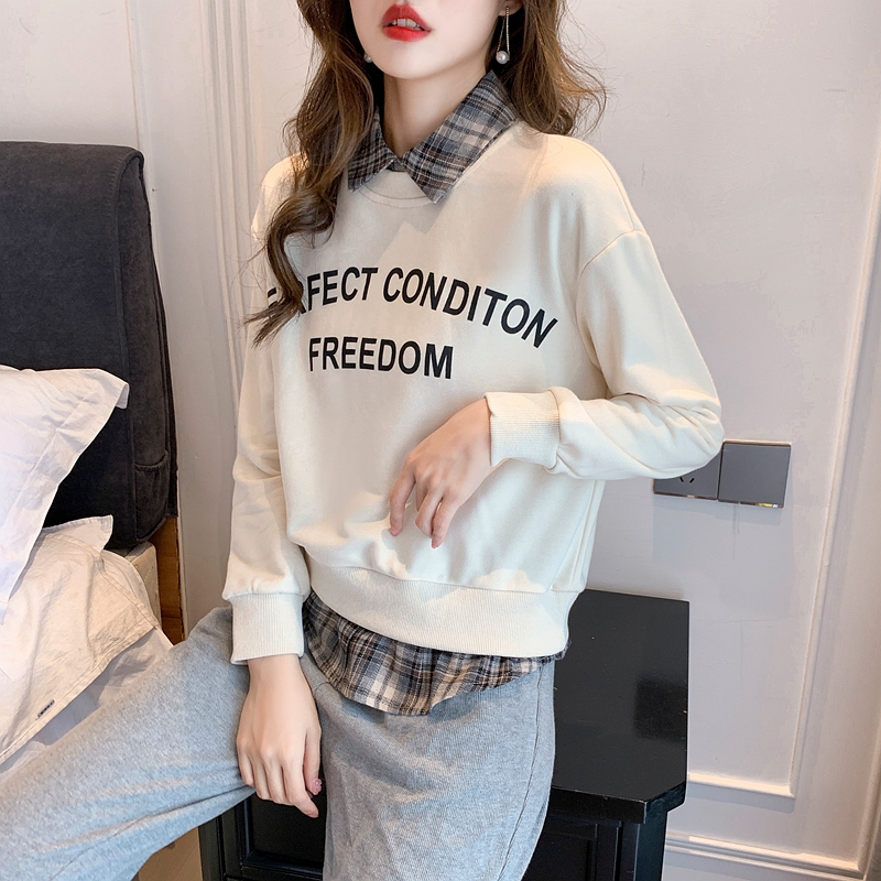 Cozy autumn splice pullover Pseudo-two hoodie for women