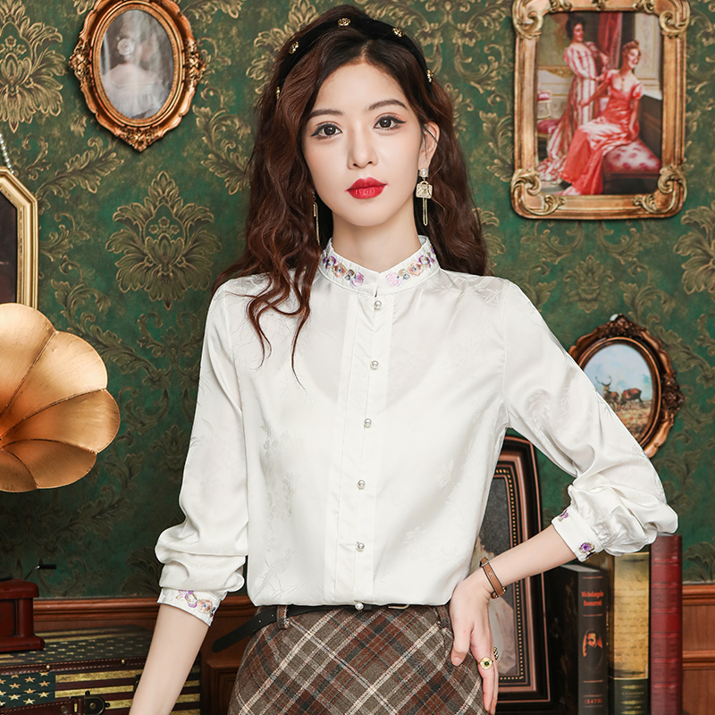 Embroidery tops real silk shirt for women
