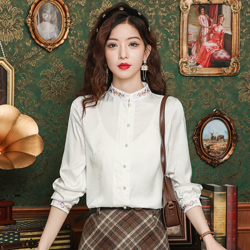 Embroidery tops real silk shirt for women
