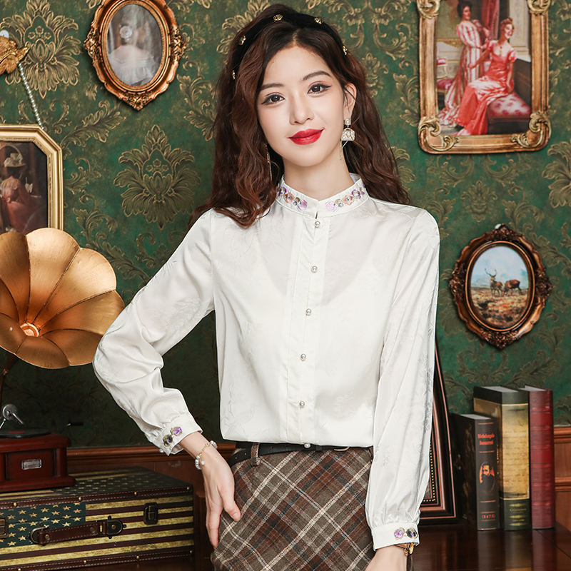 Embroidery tops real silk shirt for women