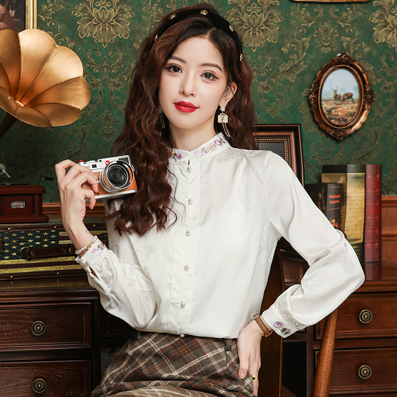 Embroidery tops real silk shirt for women