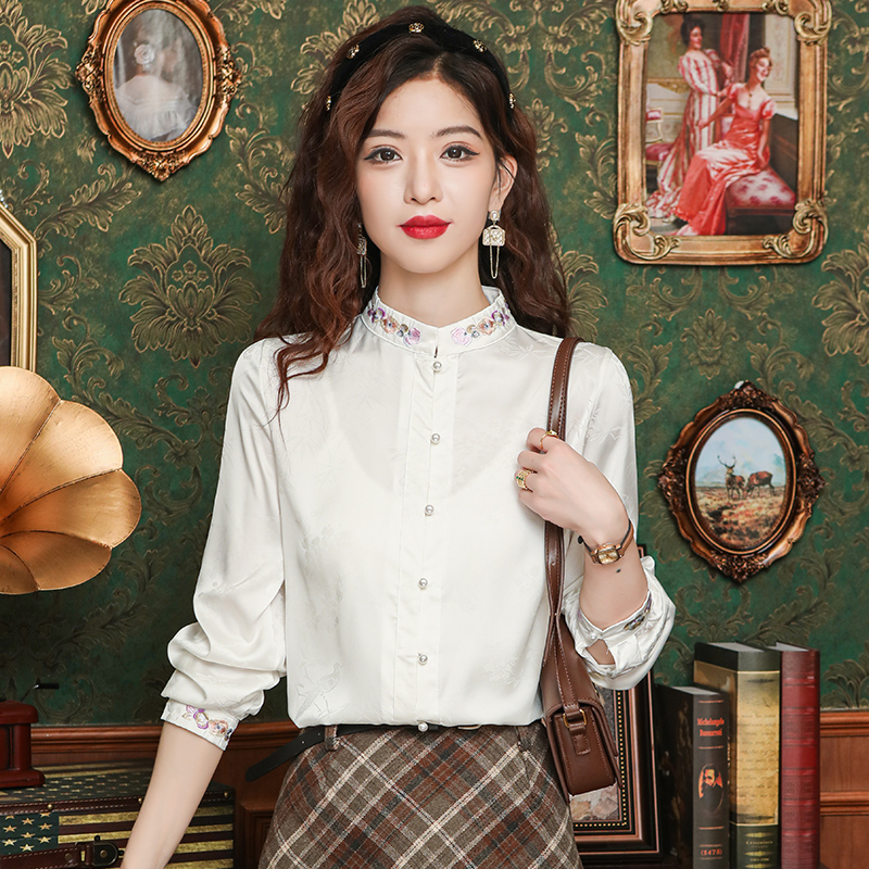 Embroidery tops real silk shirt for women