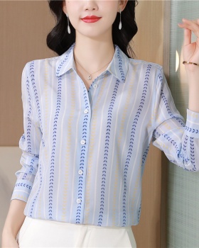 Long sleeve silk real silk loose vertical stripes shirt