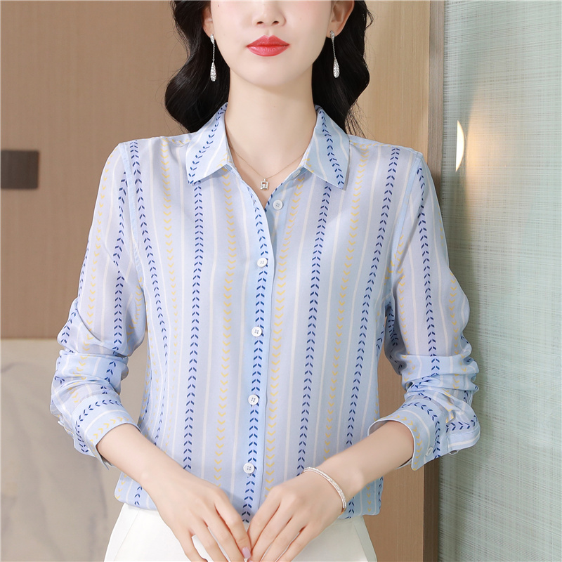 Long sleeve silk real silk loose vertical stripes shirt