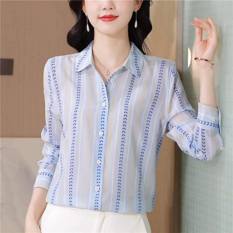 Long sleeve silk real silk loose vertical stripes shirt