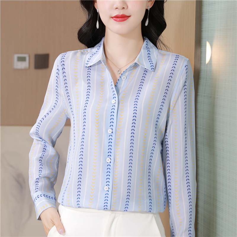 Long sleeve silk real silk loose vertical stripes shirt