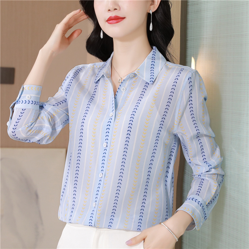 Long sleeve silk real silk loose vertical stripes shirt
