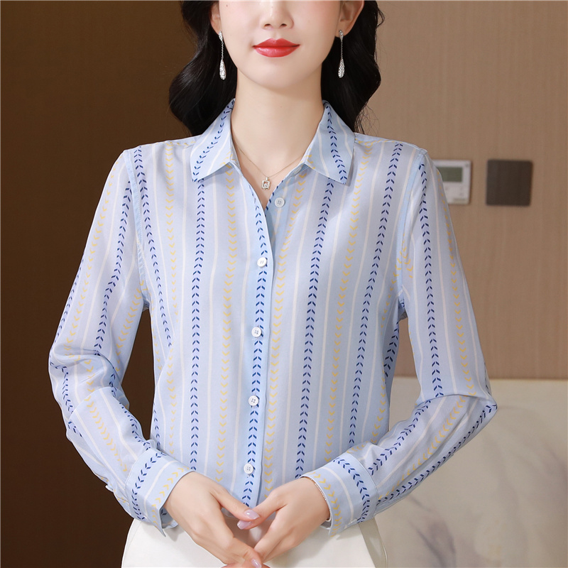 Long sleeve silk real silk loose vertical stripes shirt