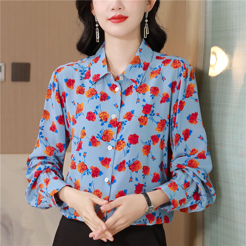 Silk autumn France style retro rose painting shirt