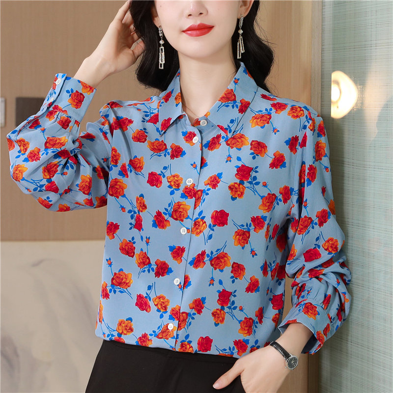 Silk autumn France style retro rose painting shirt
