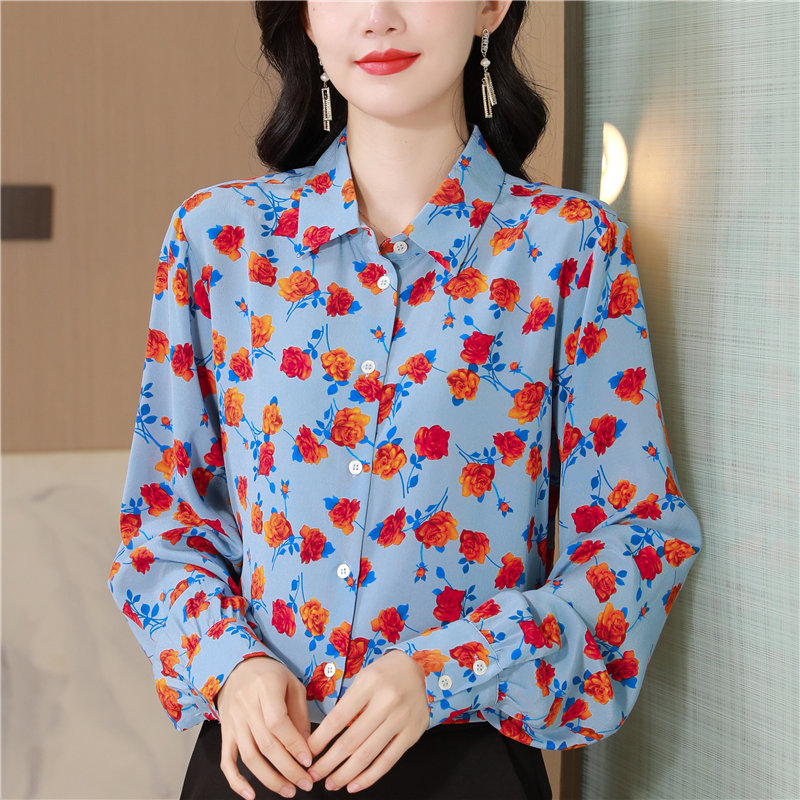 Silk autumn France style retro rose painting shirt