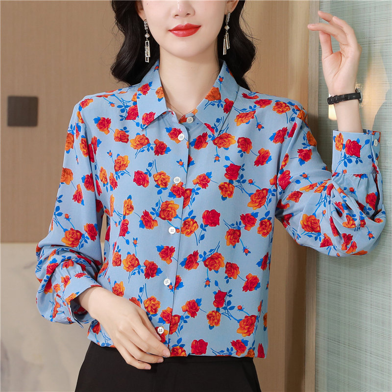 Silk autumn France style retro rose painting shirt