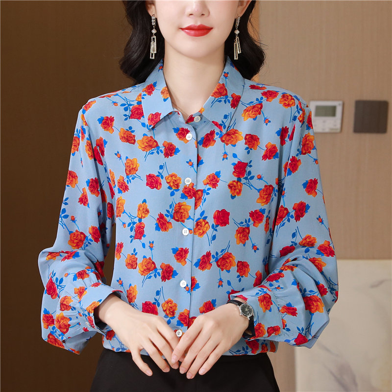Silk autumn France style retro rose painting shirt