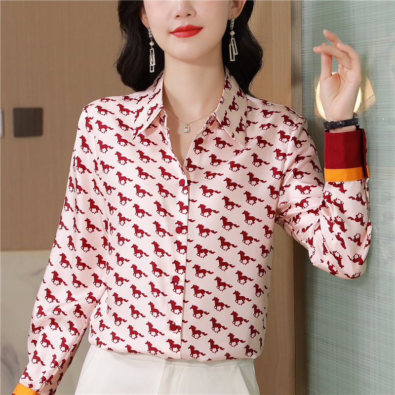 Silk real silk twill printing long sleeve shirt