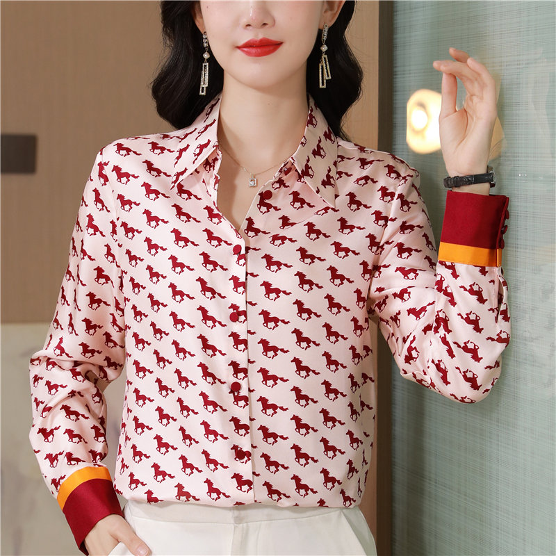 Silk real silk twill printing long sleeve shirt
