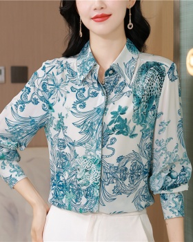 Silk retro printing slim shirt loose autumn lapel tops