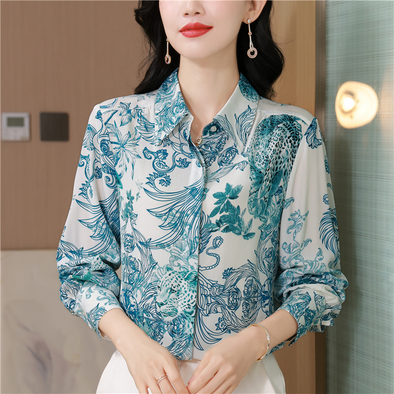Silk retro printing slim shirt loose autumn lapel tops