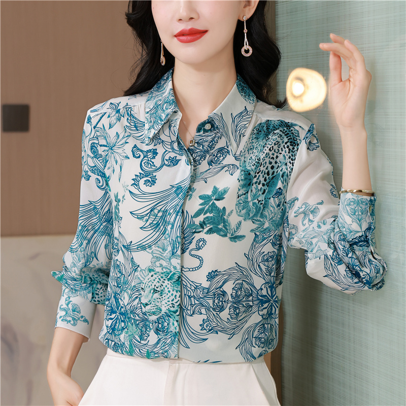 Silk retro printing slim shirt loose autumn lapel tops