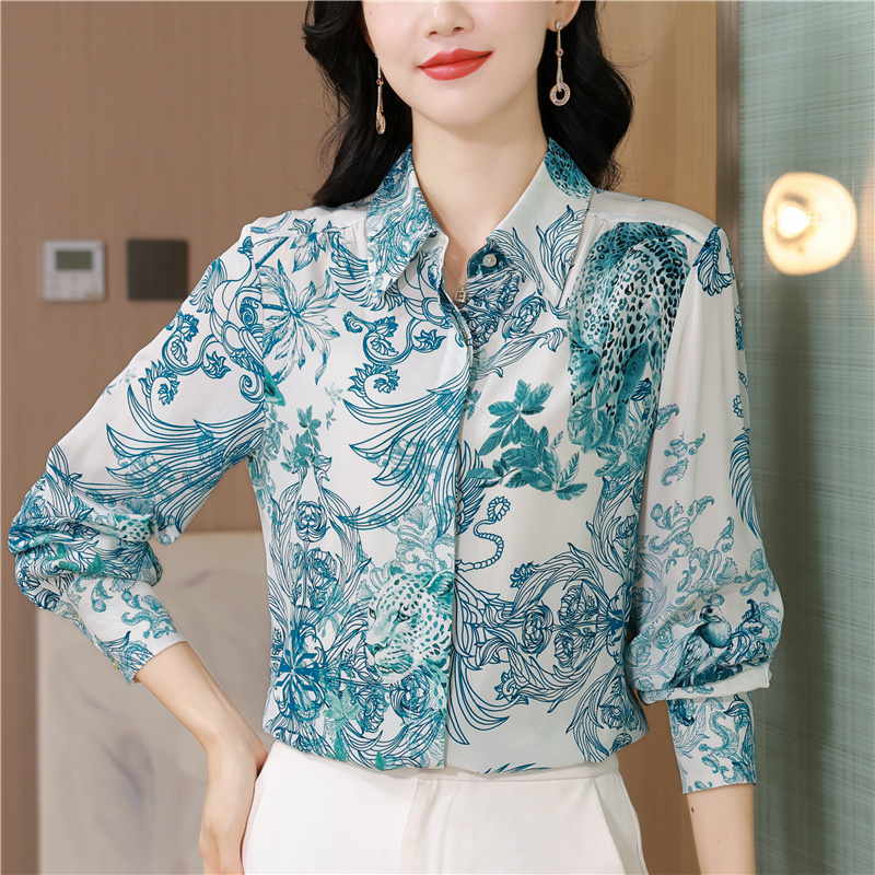 Silk retro printing slim shirt loose autumn lapel tops