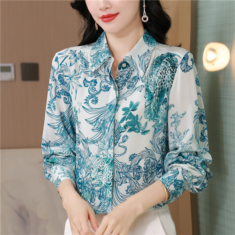 Silk retro printing slim shirt loose autumn lapel tops