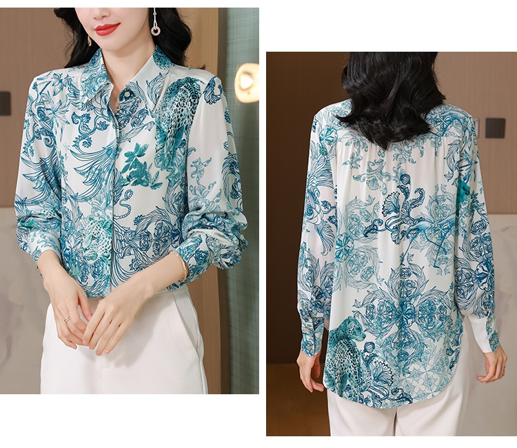 Silk retro printing slim shirt loose autumn lapel tops