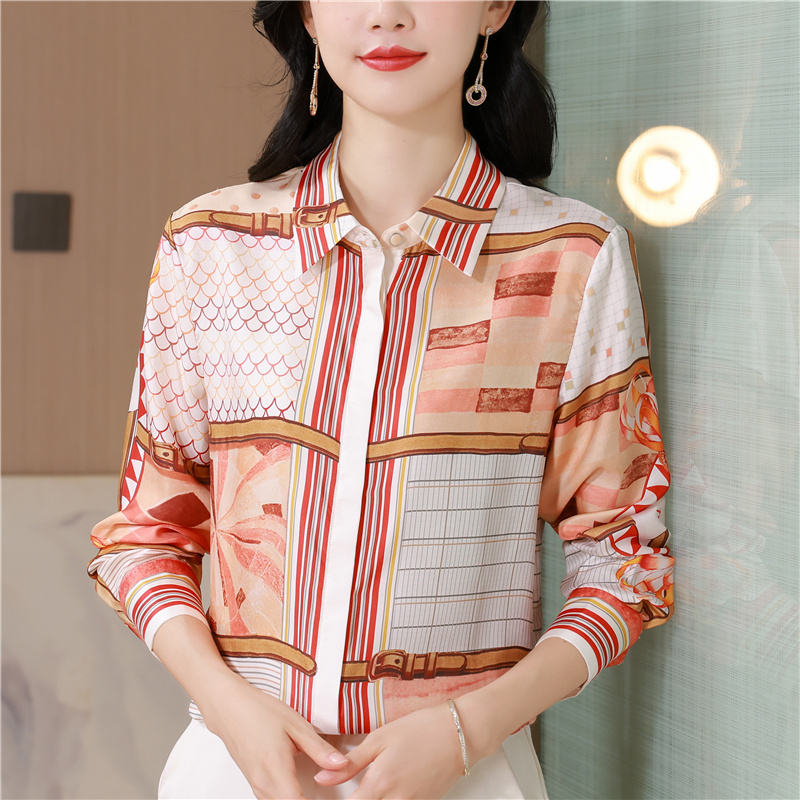 Long sleeve printing shirt twill real silk tops for women