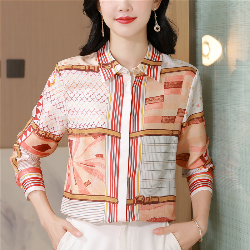 Long sleeve printing shirt twill real silk tops for women