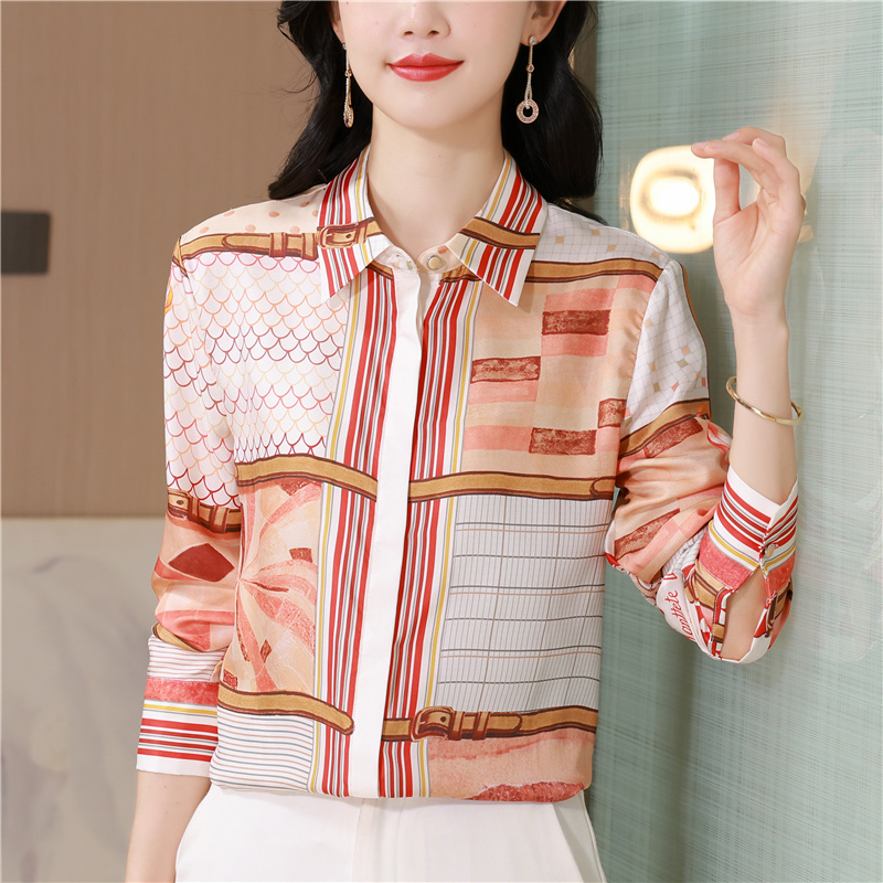 Long sleeve printing shirt twill real silk tops for women