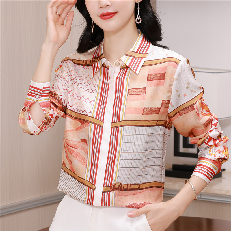 Long sleeve printing shirt twill real silk tops for women