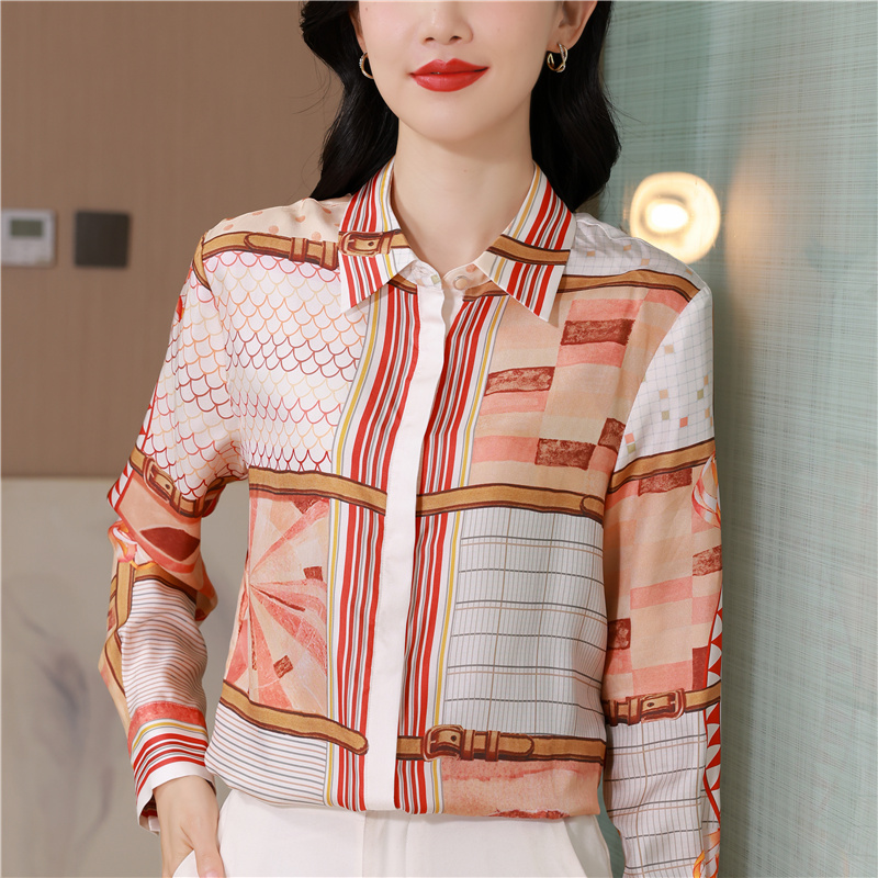Long sleeve printing shirt twill real silk tops for women
