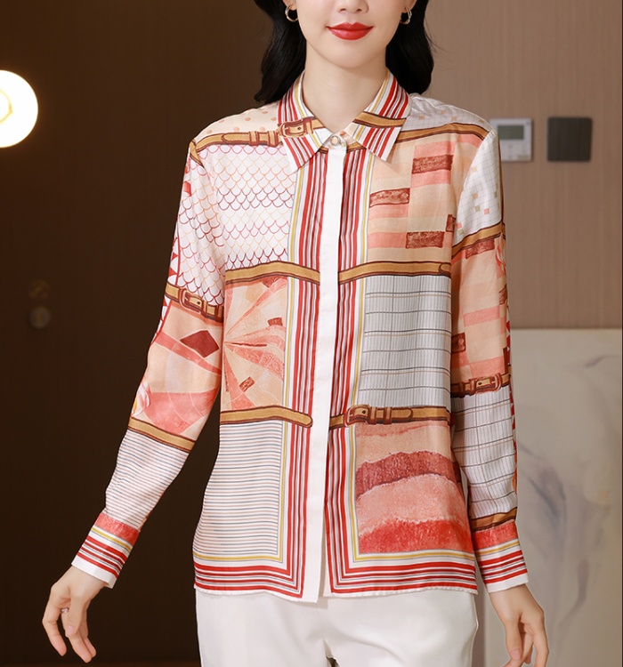 Long sleeve printing shirt twill real silk tops for women